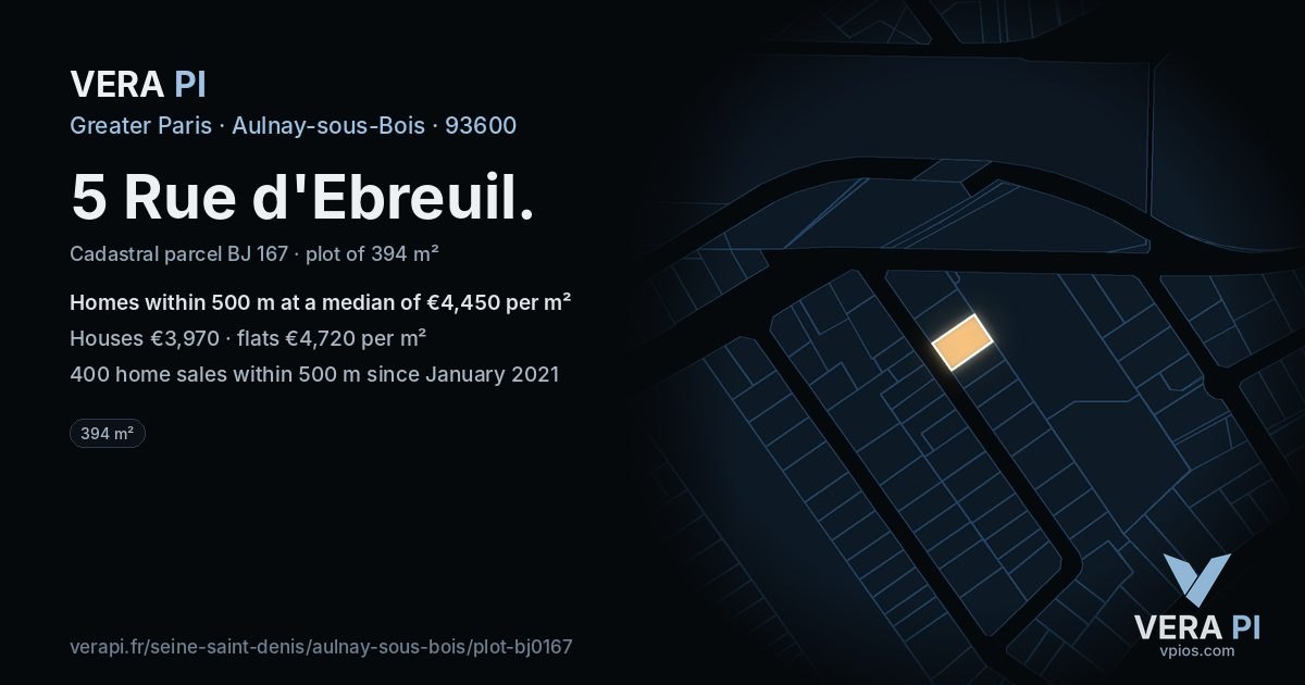 5 Rue d'Ebreuil, Aulnay-sous-Bois at night – the plot lit, the parcels around coloured by the prices near them
