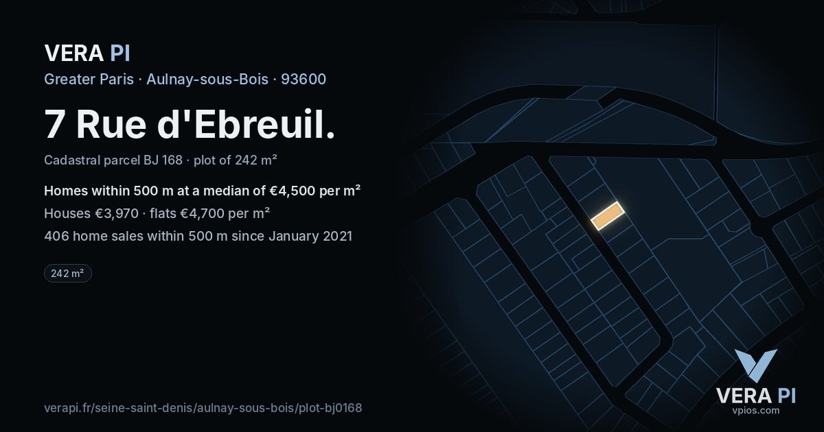 7 Rue d'Ebreuil, Aulnay-sous-Bois at night – the plot lit, the parcels around coloured by the prices near them