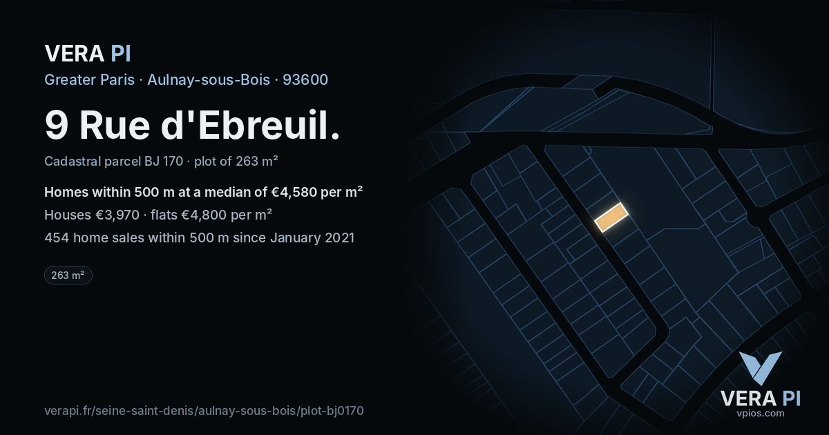 9 Rue d'Ebreuil, Aulnay-sous-Bois at night – the plot lit, the parcels around coloured by the prices near them