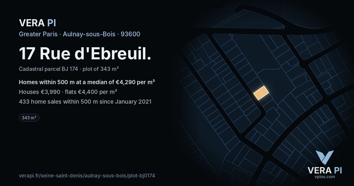 17 Rue d'Ebreuil, Aulnay-sous-Bois at night – the plot lit, the parcels around coloured by the prices near them