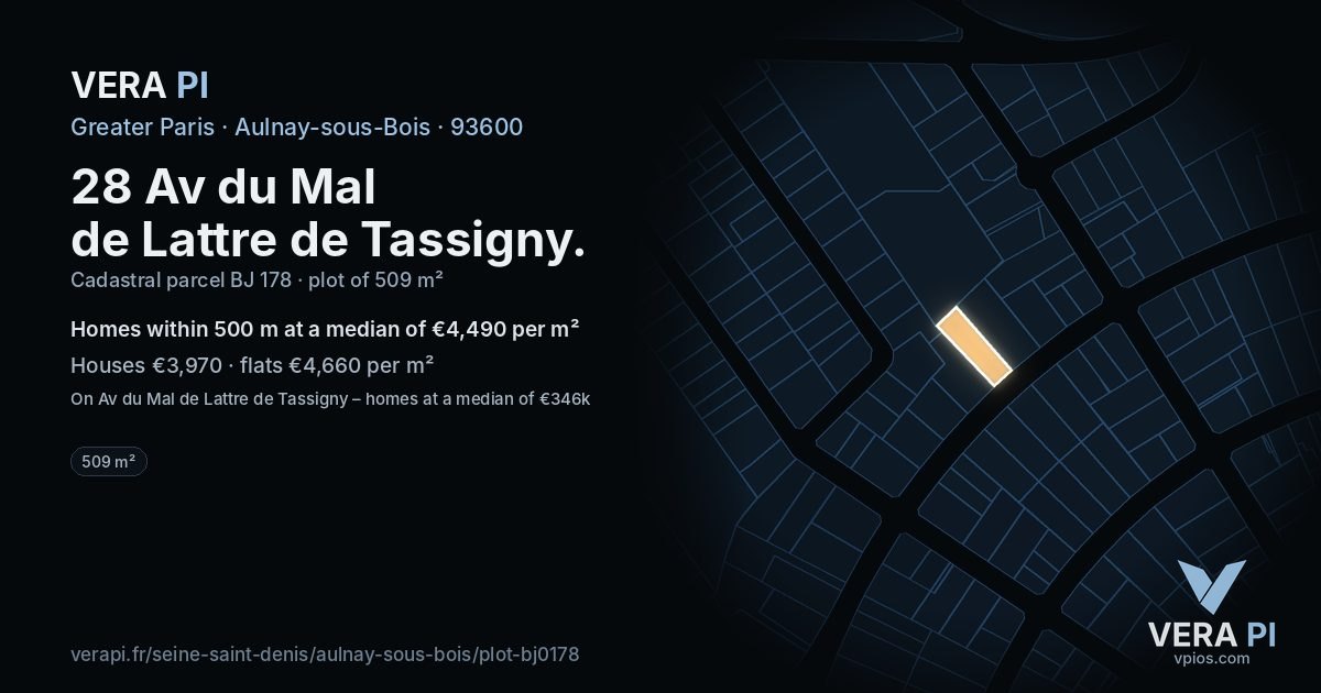 28 Av du Mal de Lattre de Tassigny, Aulnay-sous-Bois at night – the plot lit, the parcels around coloured by the prices near them