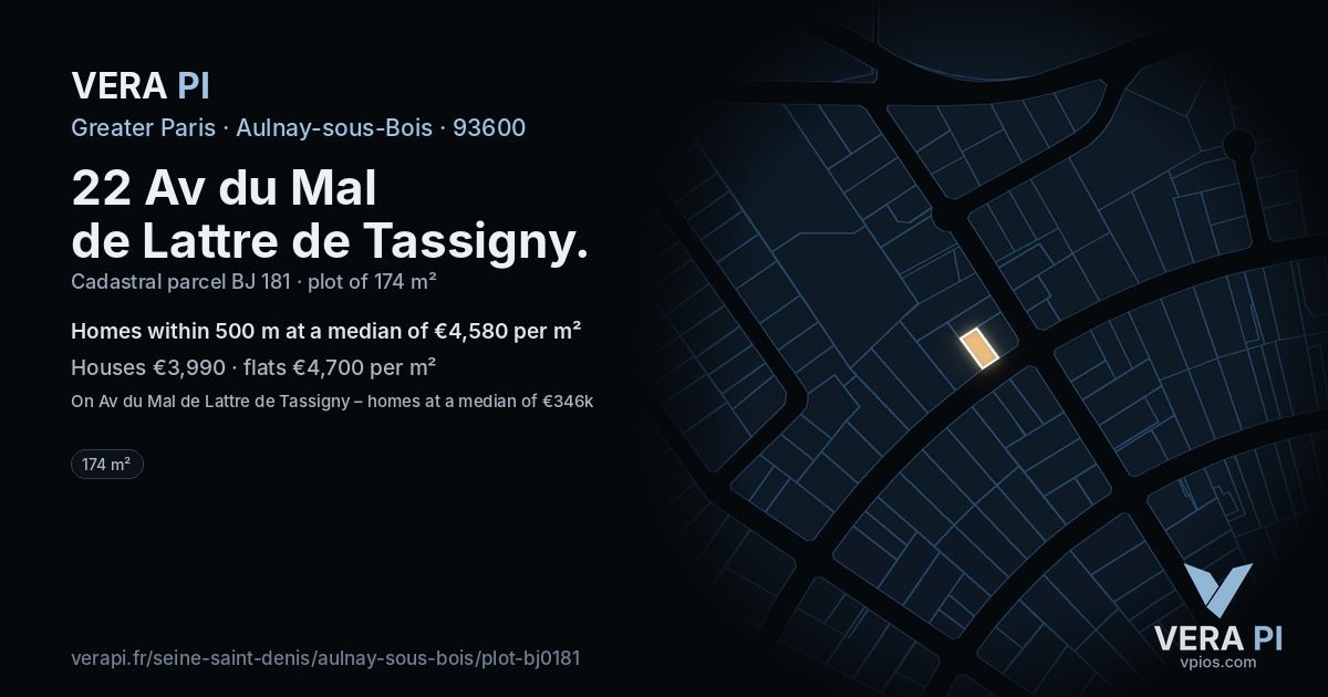 22 Av du Mal de Lattre de Tassigny, Aulnay-sous-Bois at night – the plot lit, the parcels around coloured by the prices near them