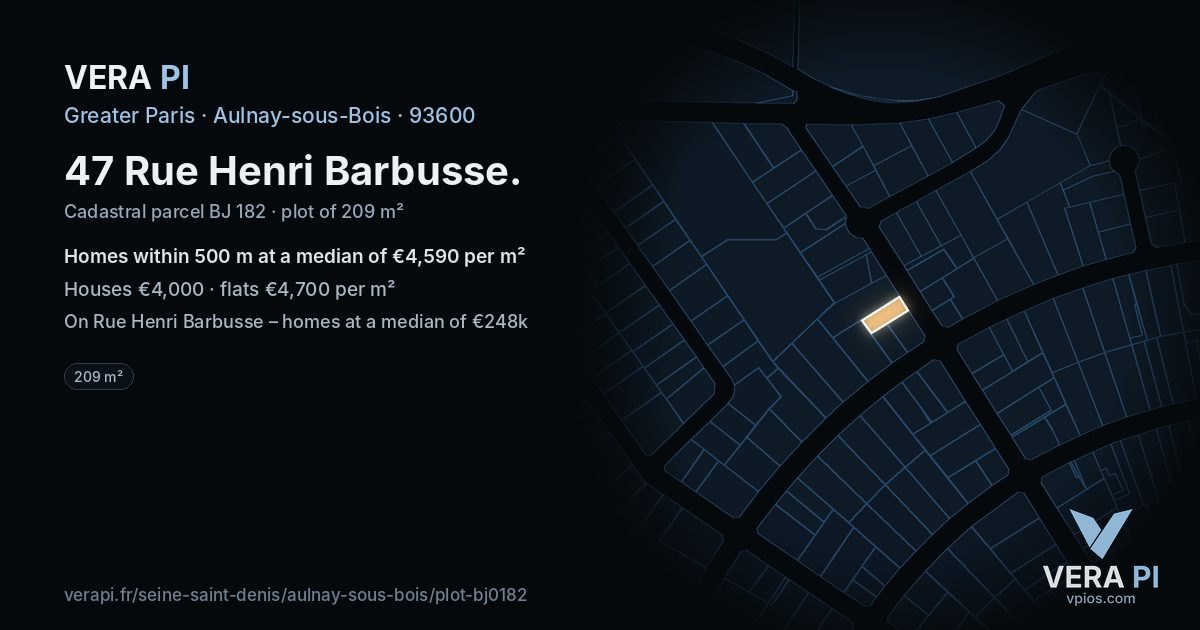 47 Rue Henri Barbusse, Aulnay-sous-Bois at night – the plot lit, the parcels around coloured by the prices near them