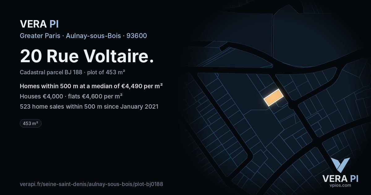 20 Rue Voltaire, Aulnay-sous-Bois at night – the plot lit, the parcels around coloured by the prices near them