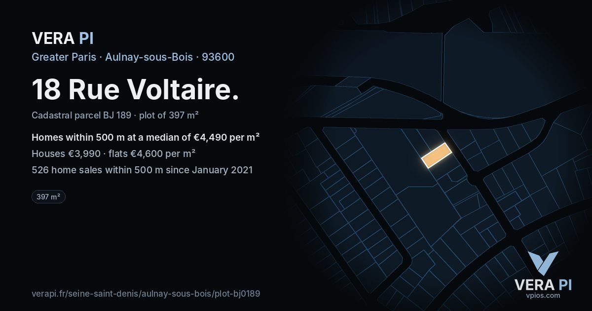 18 Rue Voltaire, Aulnay-sous-Bois at night – the plot lit, the parcels around coloured by the prices near them