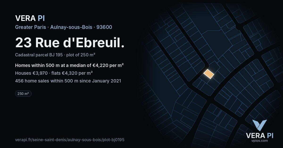 23 Rue d'Ebreuil, Aulnay-sous-Bois at night – the plot lit, the parcels around coloured by the prices near them