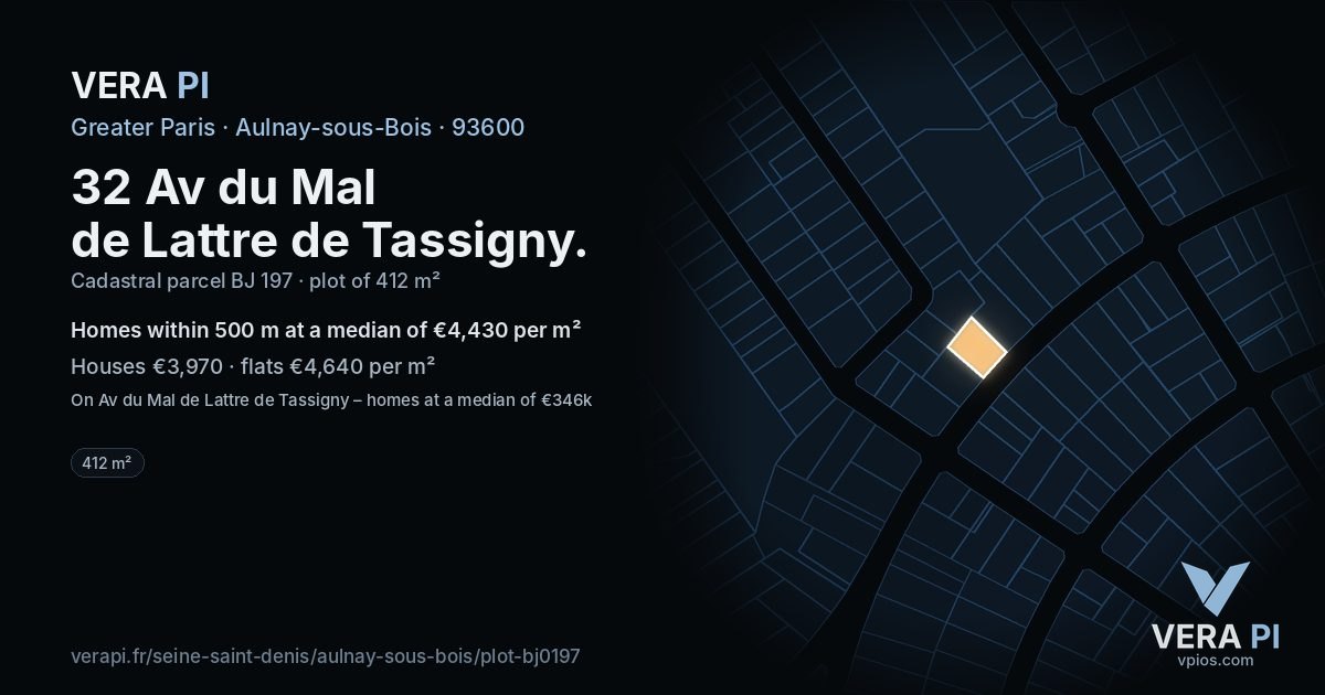 32 Av du Mal de Lattre de Tassigny, Aulnay-sous-Bois at night – the plot lit, the parcels around coloured by the prices near them