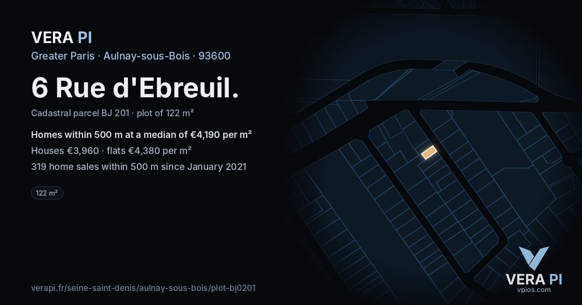 6 Rue d'Ebreuil, Aulnay-sous-Bois at night – the plot lit, the parcels around coloured by the prices near them