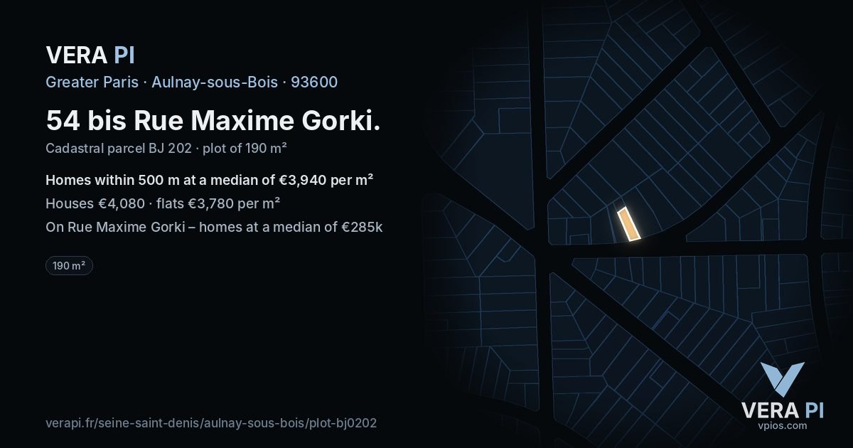 54 bis Rue Maxime Gorki, Aulnay-sous-Bois at night – the plot lit, the parcels around coloured by the prices near them