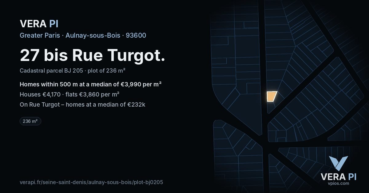 27 bis Rue Turgot, Aulnay-sous-Bois at night – the plot lit, the parcels around coloured by the prices near them