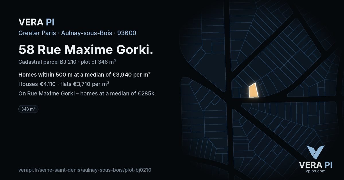 58 Rue Maxime Gorki, Aulnay-sous-Bois at night – the plot lit, the parcels around coloured by the prices near them