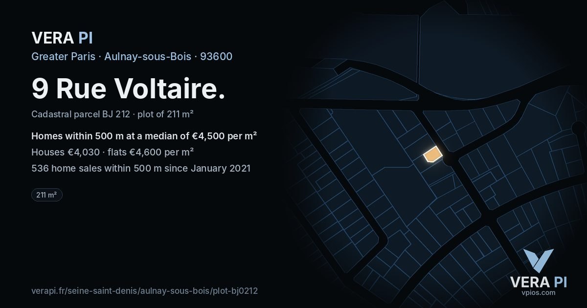 9 Rue Voltaire, Aulnay-sous-Bois at night – the plot lit, the parcels around coloured by the prices near them