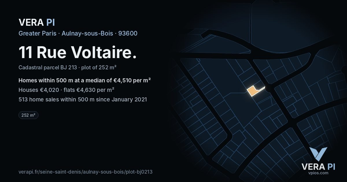 11 Rue Voltaire, Aulnay-sous-Bois at night – the plot lit, the parcels around coloured by the prices near them