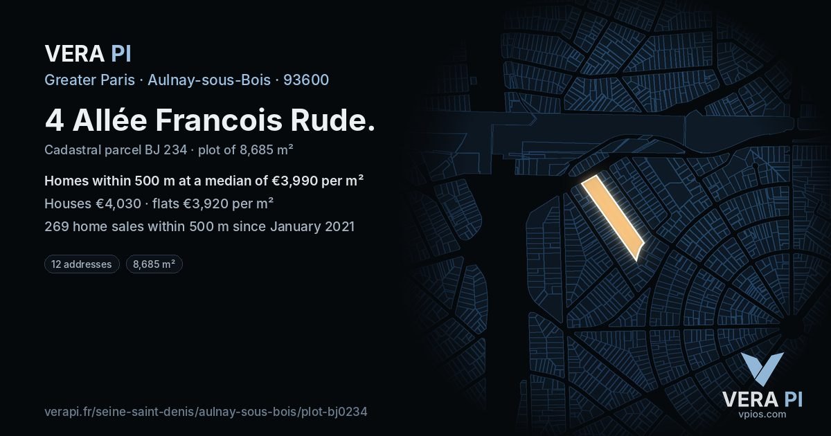 4 Allée Francois Rude, Aulnay-sous-Bois at night – the plot lit, the parcels around coloured by the prices near them