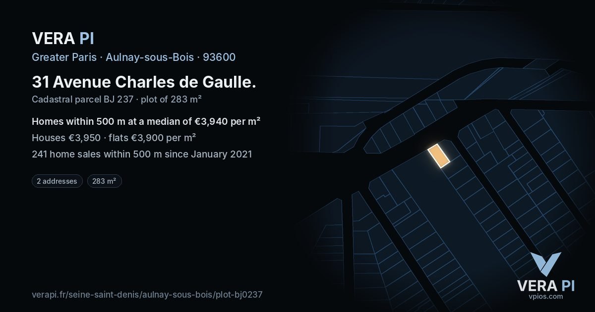 31 Avenue Charles de Gaulle, Aulnay-sous-Bois at night – the plot lit, the parcels around coloured by the prices near them
