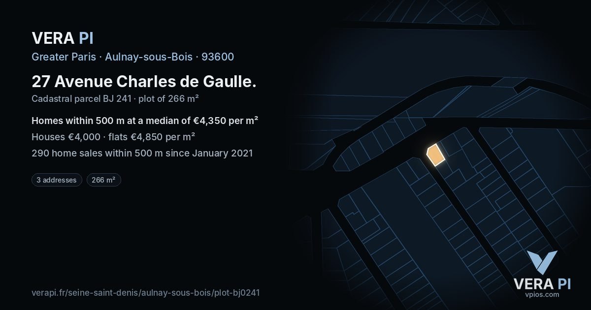 27 Avenue Charles de Gaulle, Aulnay-sous-Bois at night – the plot lit, the parcels around coloured by the prices near them