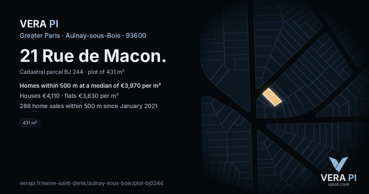 21 Rue de Macon, Aulnay-sous-Bois at night – the plot lit, the parcels around coloured by the prices near them