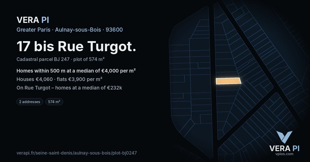 17 bis Rue Turgot, Aulnay-sous-Bois at night – the plot lit, the parcels around coloured by the prices near them