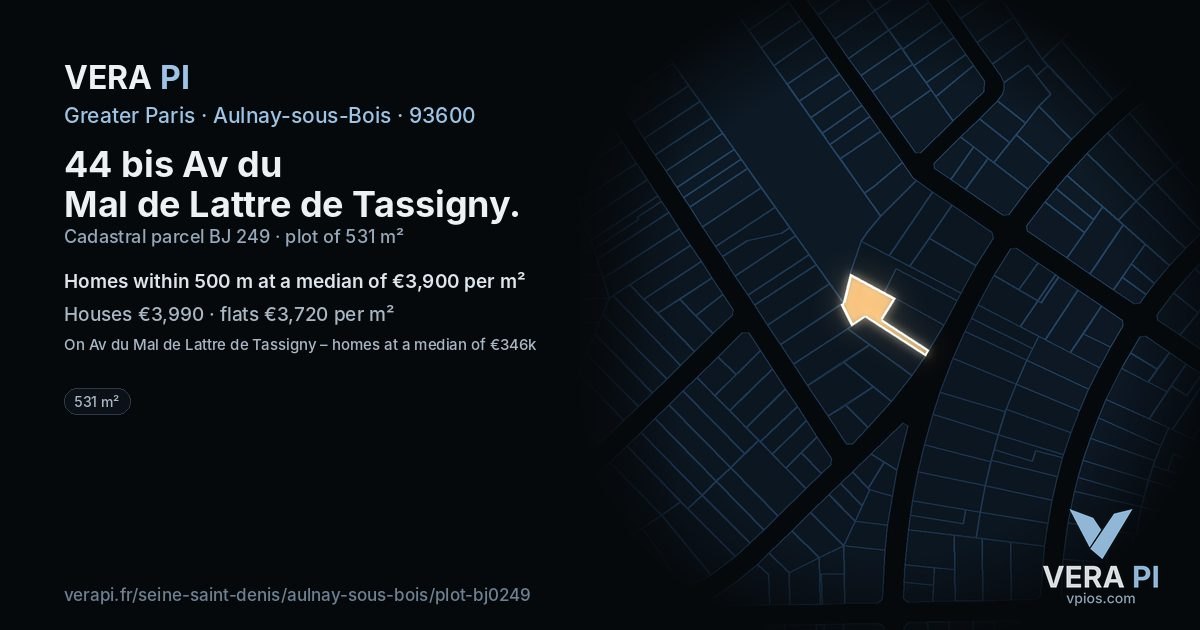 44 bis Av du Mal de Lattre de Tassigny, Aulnay-sous-Bois at night – the plot lit, the parcels around coloured by the prices near them