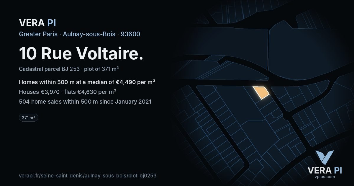 10 Rue Voltaire, Aulnay-sous-Bois at night – the plot lit, the parcels around coloured by the prices near them