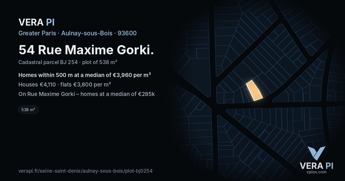 54 Rue Maxime Gorki, Aulnay-sous-Bois at night – the plot lit, the parcels around coloured by the prices near them