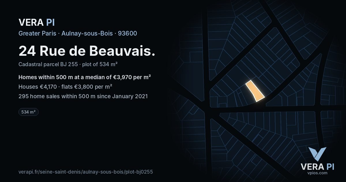 24 Rue de Beauvais, Aulnay-sous-Bois at night – the plot lit, the parcels around coloured by the prices near them