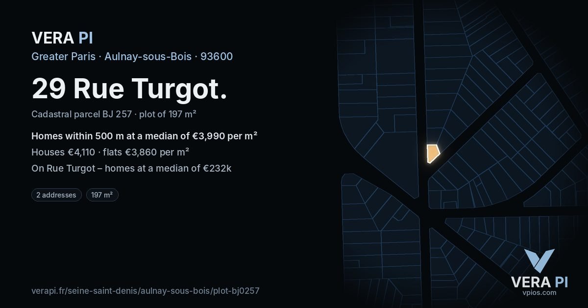 29 Rue Turgot, Aulnay-sous-Bois at night – the plot lit, the parcels around coloured by the prices near them