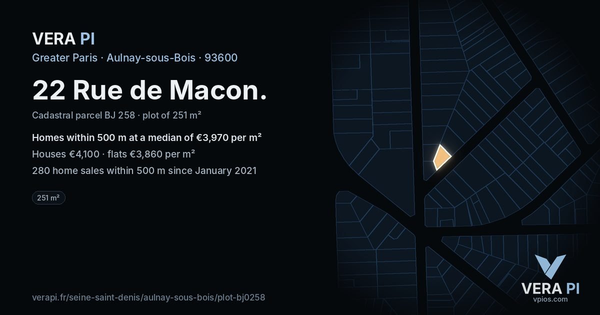22 Rue de Macon, Aulnay-sous-Bois at night – the plot lit, the parcels around coloured by the prices near them