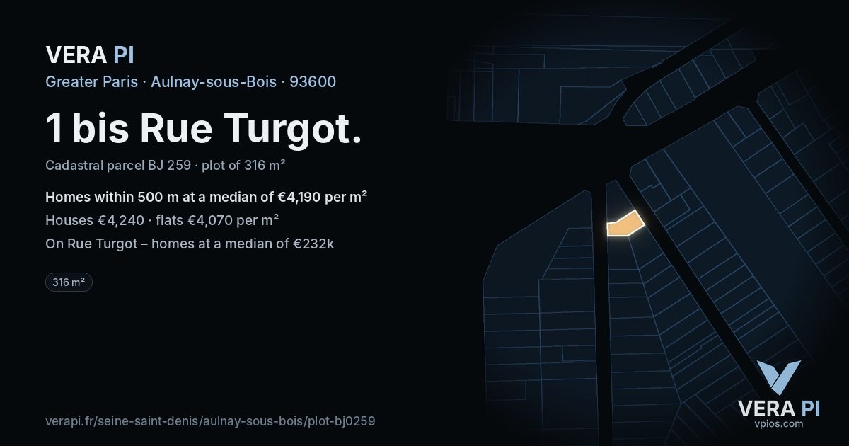 1 bis Rue Turgot, Aulnay-sous-Bois at night – the plot lit, the parcels around coloured by the prices near them