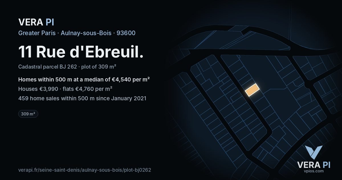 11 Rue d'Ebreuil, Aulnay-sous-Bois at night – the plot lit, the parcels around coloured by the prices near them