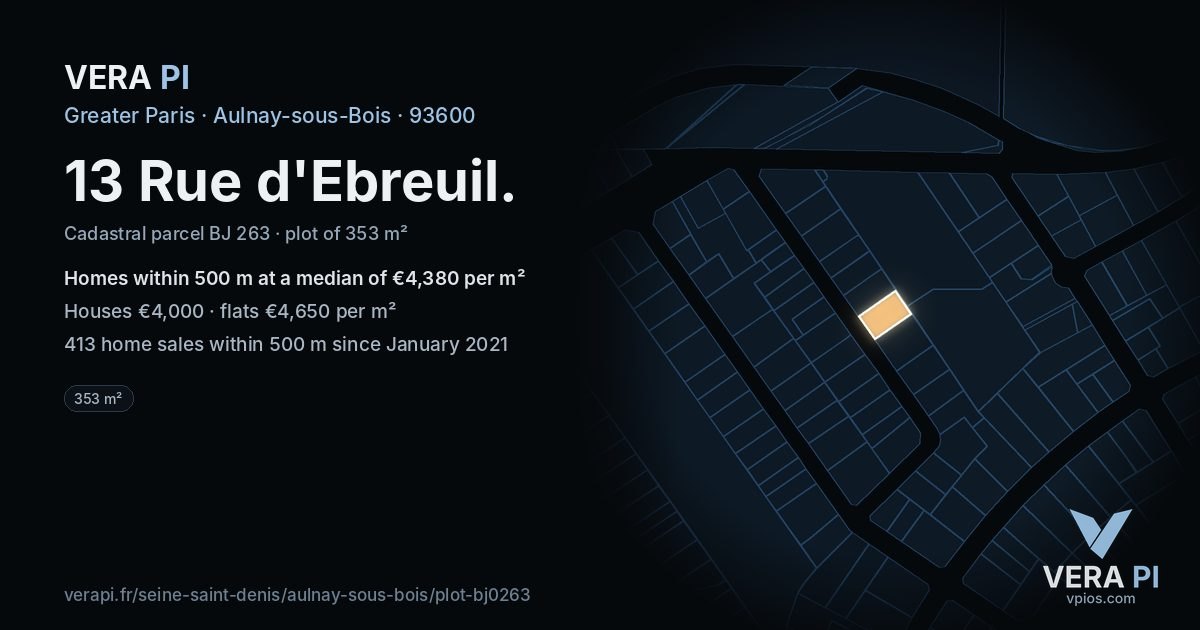 13 Rue d'Ebreuil, Aulnay-sous-Bois at night – the plot lit, the parcels around coloured by the prices near them