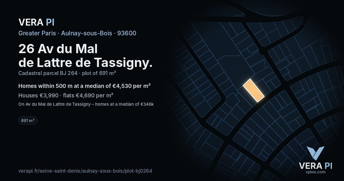 26 Av du Mal de Lattre de Tassigny, Aulnay-sous-Bois at night – the plot lit, the parcels around coloured by the prices near them