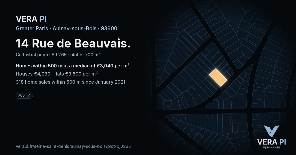 14 Rue de Beauvais, Aulnay-sous-Bois at night – the plot lit, the parcels around coloured by the prices near them
