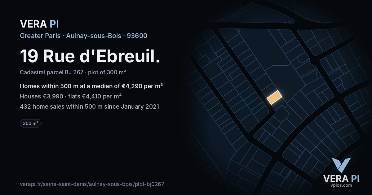 19 Rue d'Ebreuil, Aulnay-sous-Bois at night – the plot lit, the parcels around coloured by the prices near them