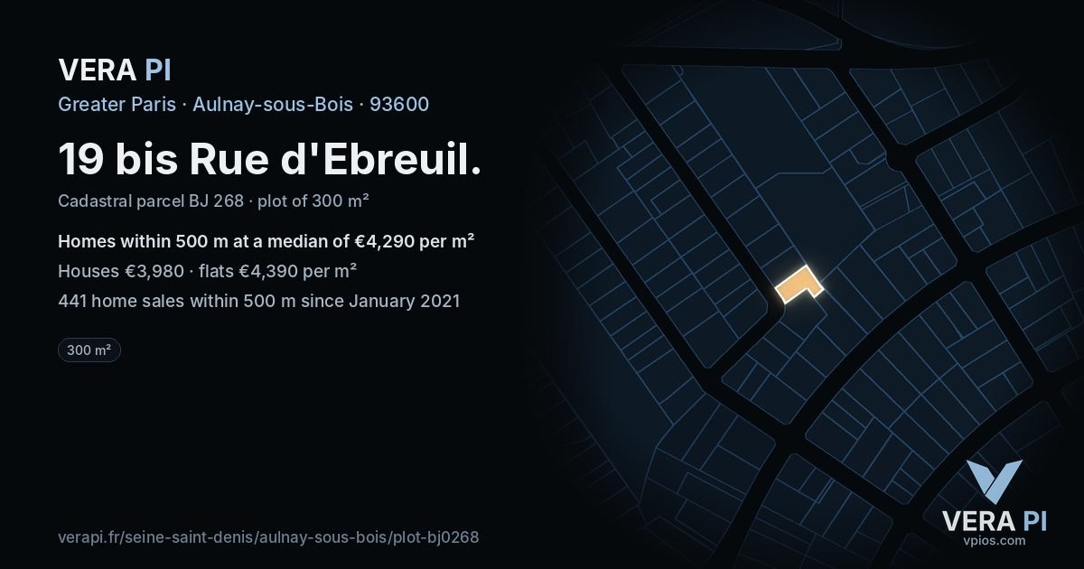 19 bis Rue d'Ebreuil, Aulnay-sous-Bois at night – the plot lit, the parcels around coloured by the prices near them