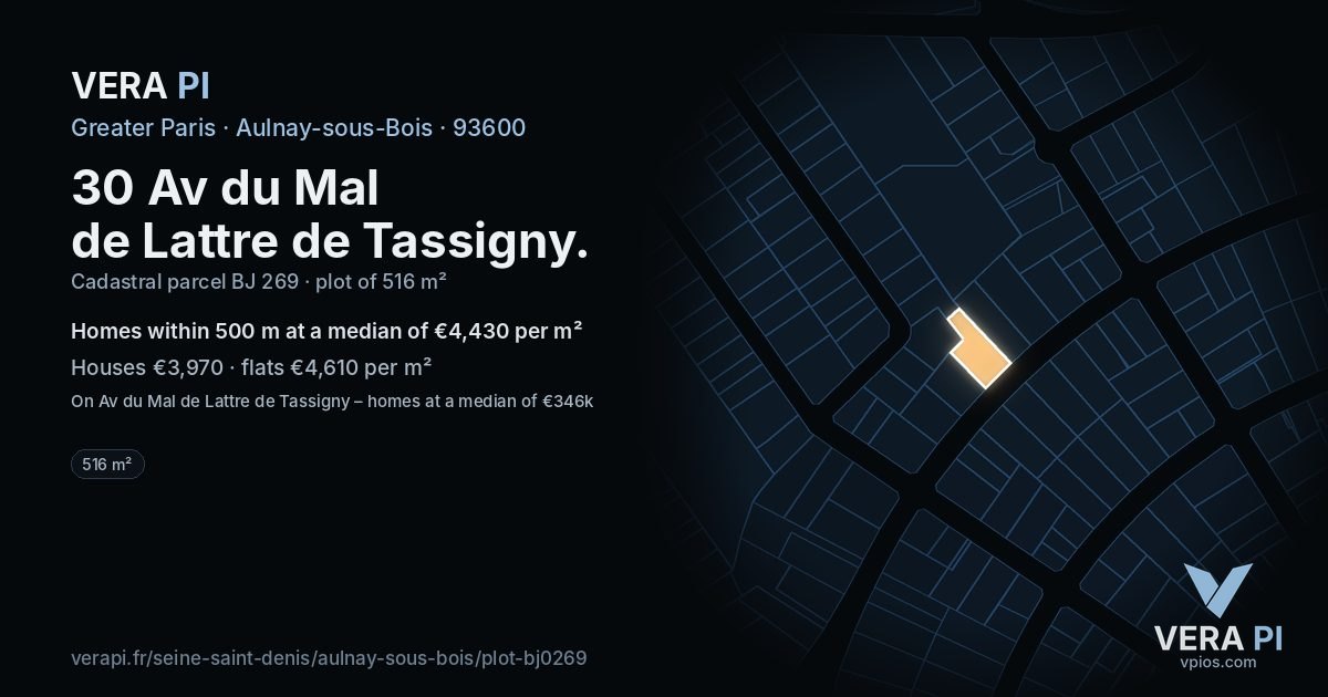 30 Av du Mal de Lattre de Tassigny, Aulnay-sous-Bois at night – the plot lit, the parcels around coloured by the prices near them