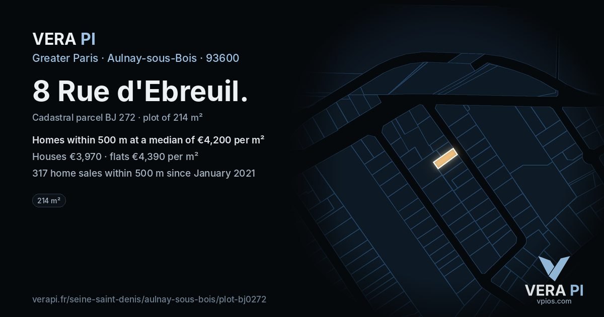 8 Rue d'Ebreuil, Aulnay-sous-Bois at night – the plot lit, the parcels around coloured by the prices near them
