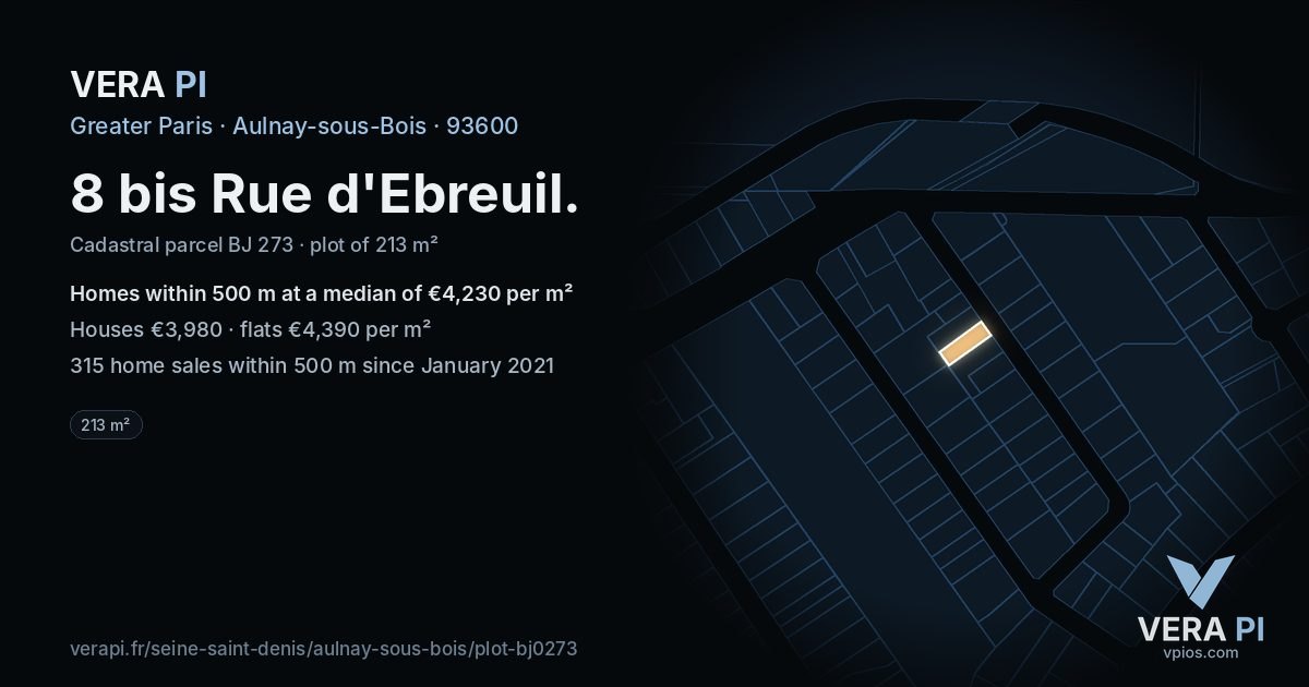 8 bis Rue d'Ebreuil, Aulnay-sous-Bois at night – the plot lit, the parcels around coloured by the prices near them