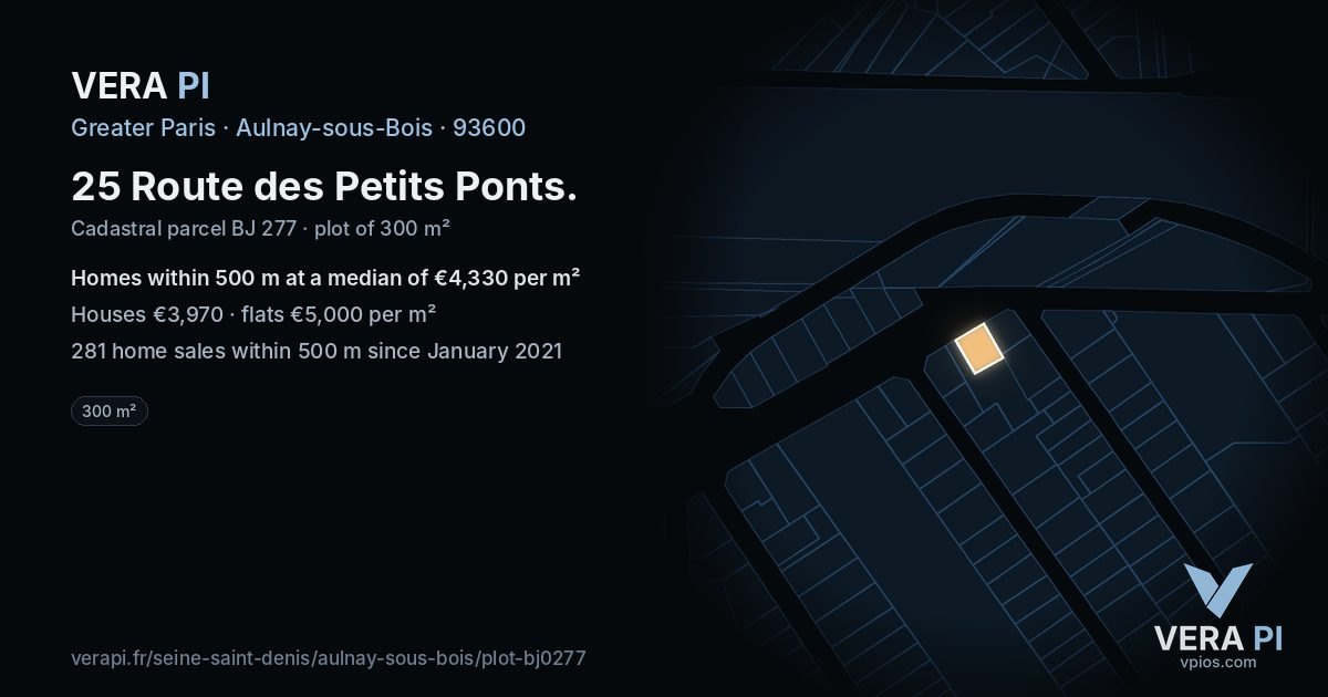 25 Route des Petits Ponts, Aulnay-sous-Bois at night – the plot lit, the parcels around coloured by the prices near them