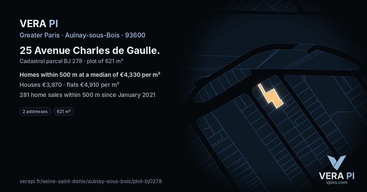 25 Avenue Charles de Gaulle, Aulnay-sous-Bois at night – the plot lit, the parcels around coloured by the prices near them