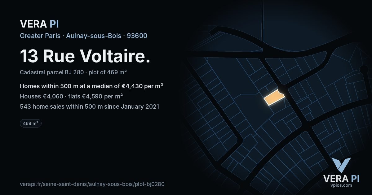 13 Rue Voltaire, Aulnay-sous-Bois at night – the plot lit, the parcels around coloured by the prices near them