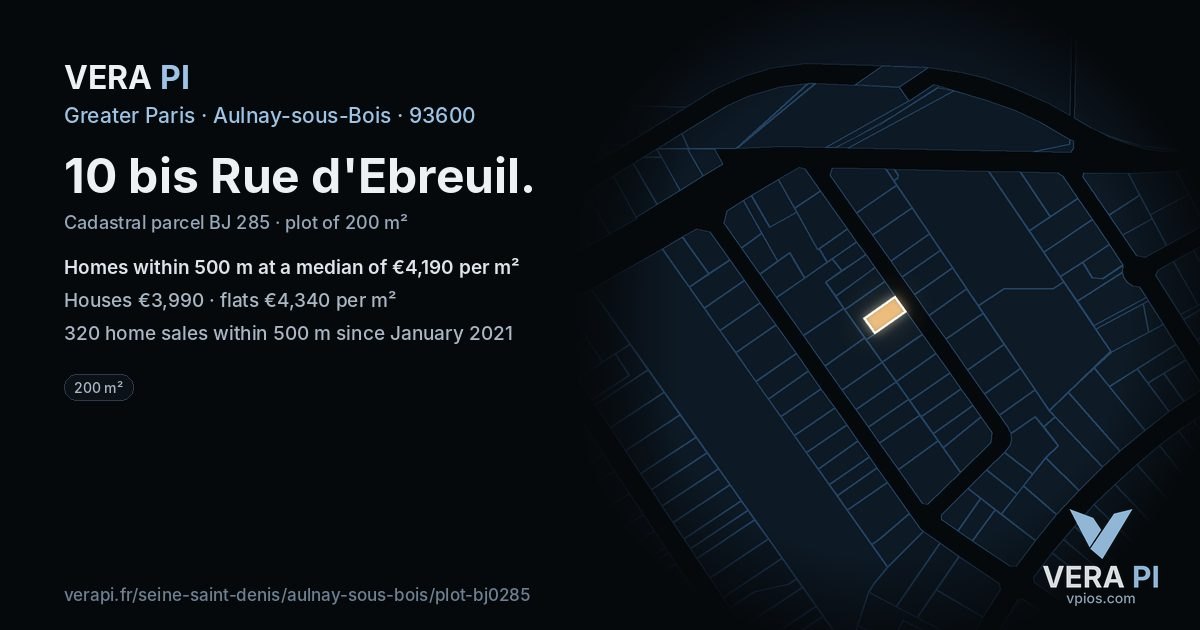 10 bis Rue d'Ebreuil, Aulnay-sous-Bois at night – the plot lit, the parcels around coloured by the prices near them