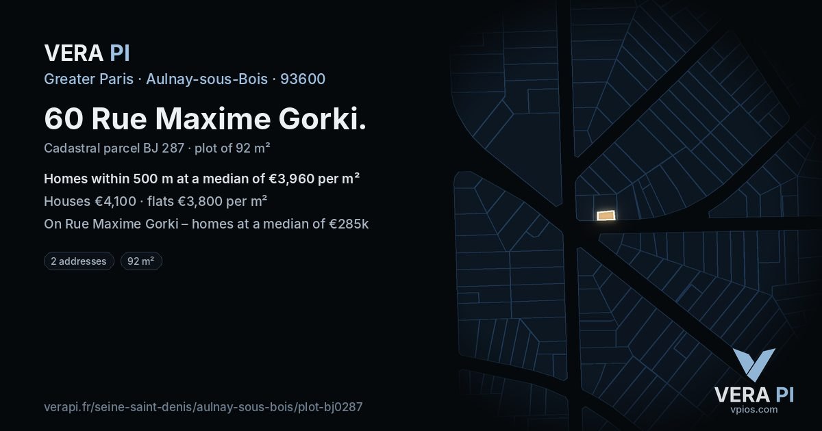 60 Rue Maxime Gorki, Aulnay-sous-Bois at night – the plot lit, the parcels around coloured by the prices near them