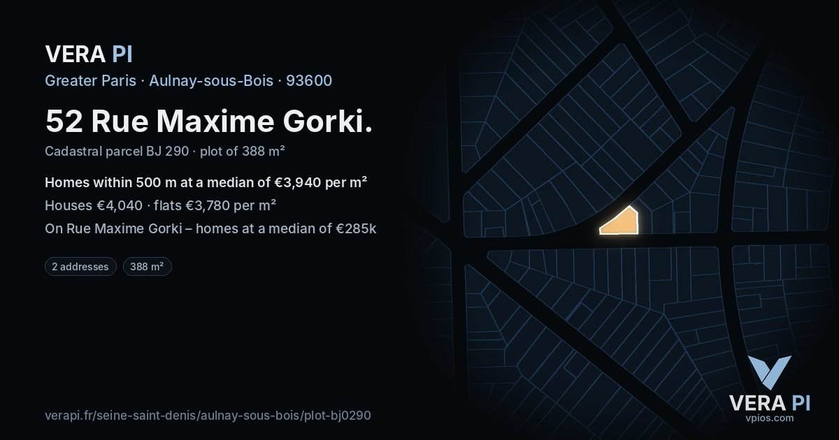 52 Rue Maxime Gorki, Aulnay-sous-Bois at night – the plot lit, the parcels around coloured by the prices near them