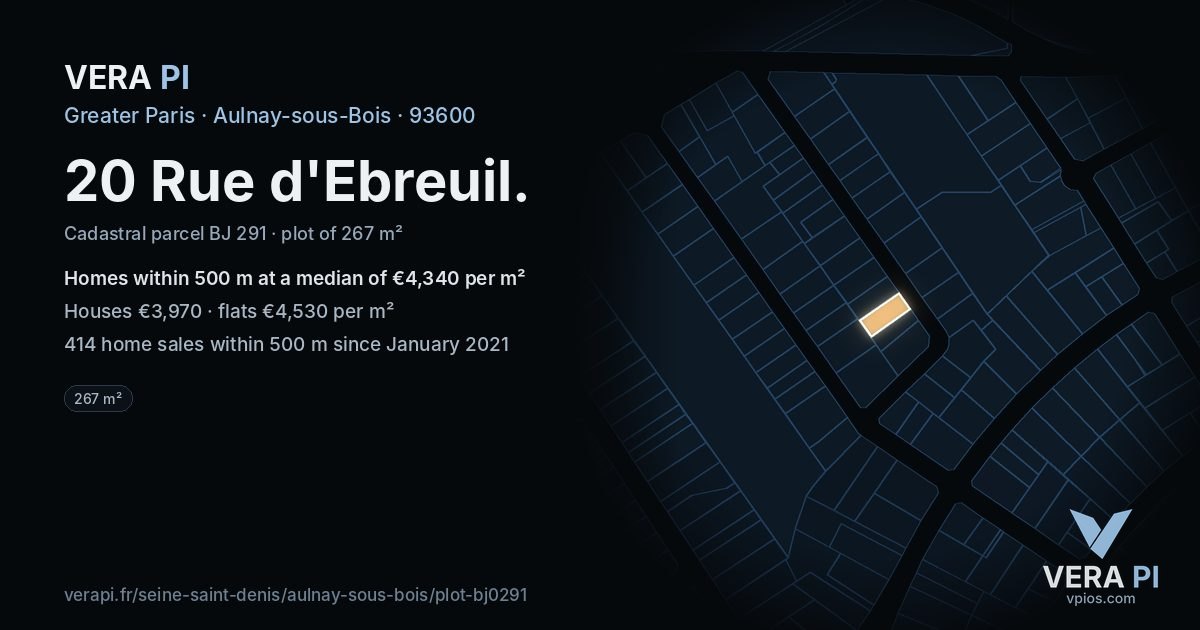 20 Rue d'Ebreuil, Aulnay-sous-Bois at night – the plot lit, the parcels around coloured by the prices near them