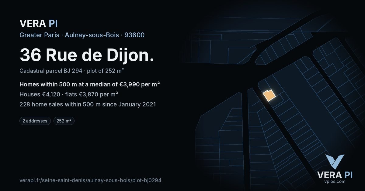 36 Rue de Dijon, Aulnay-sous-Bois at night – the plot lit, the parcels around coloured by the prices near them