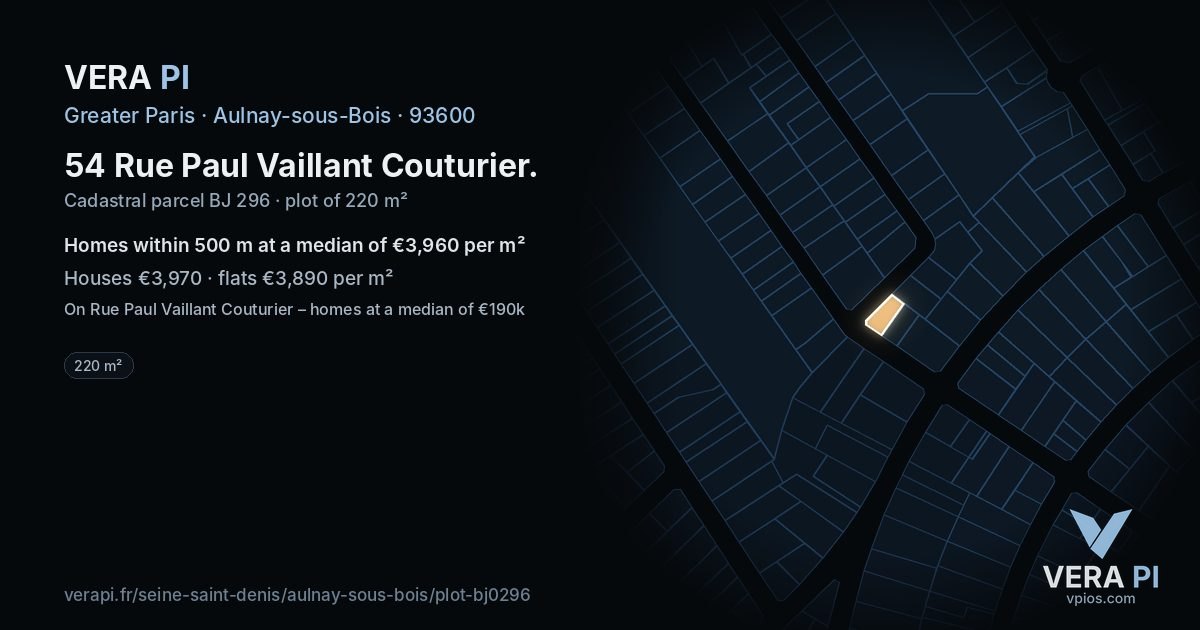 54 Rue Paul Vaillant Couturier, Aulnay-sous-Bois at night – the plot lit, the parcels around coloured by the prices near them