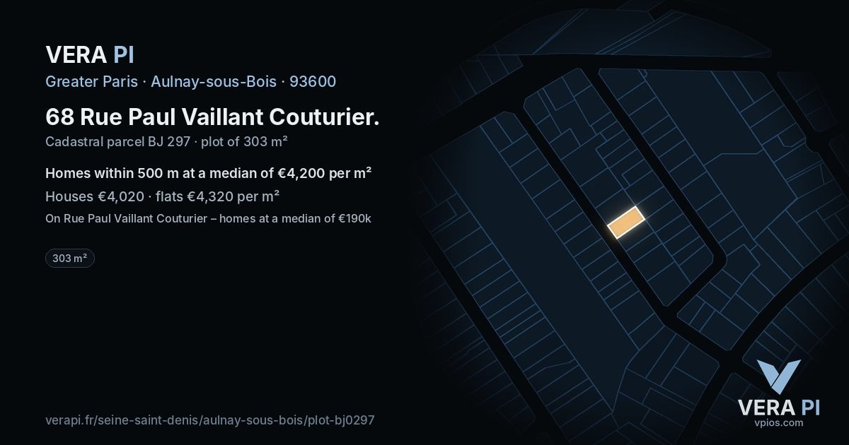 68 Rue Paul Vaillant Couturier, Aulnay-sous-Bois at night – the plot lit, the parcels around coloured by the prices near them