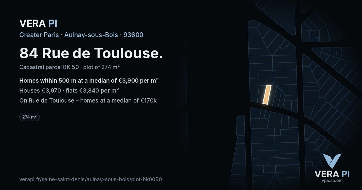 84 Rue de Toulouse, Aulnay-sous-Bois at night – the plot lit, the parcels around coloured by the prices near them