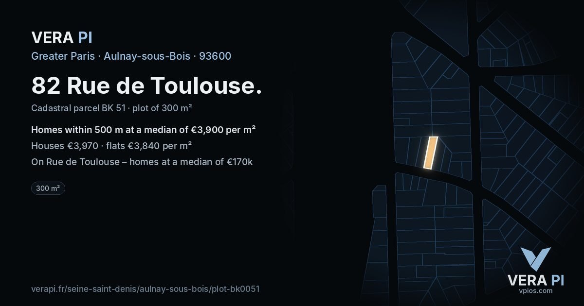82 Rue de Toulouse, Aulnay-sous-Bois at night – the plot lit, the parcels around coloured by the prices near them